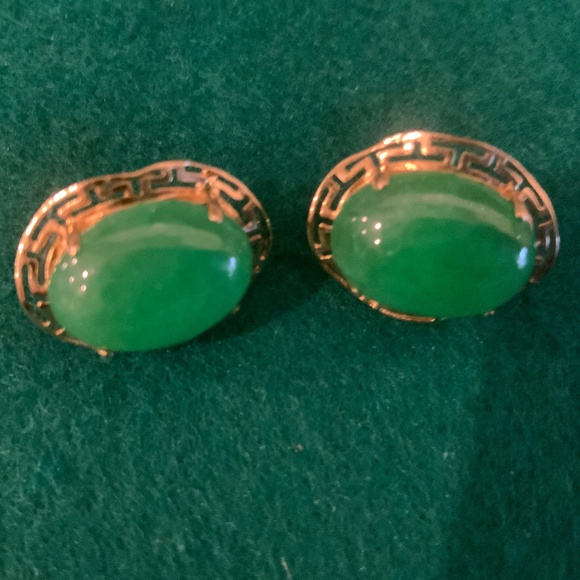 Substantial Green Genuine Jadite 'Greek Key' 14KT Earrings Omega…